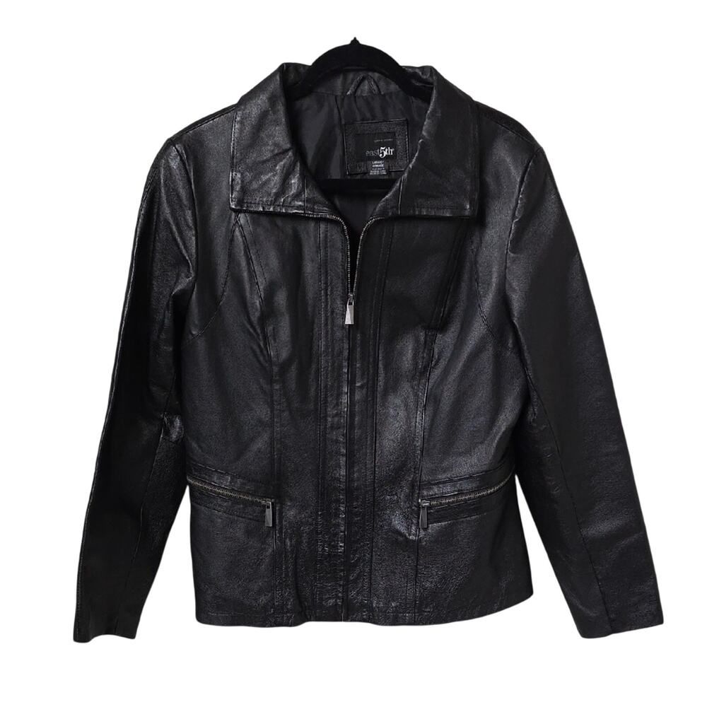 East 5t Sleek Black Leather Full Zip Jacket Womens Size Large